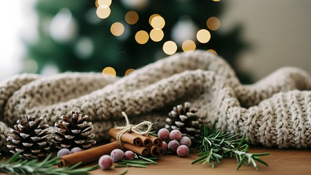 Christmas still life with knitted scarf, Christmas tree and spices on wooden backgroundの素材
