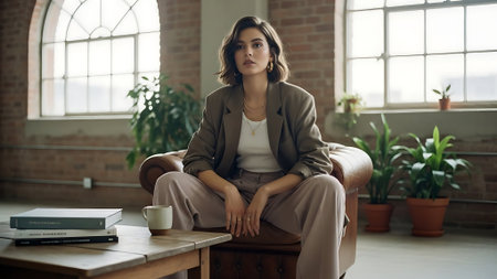 Portrait of a businesswoman sitting on a chair in the officeの素材