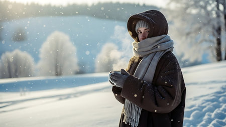 Beautiful young woman in winter forest. Winter fashion. Snowy day.の素材