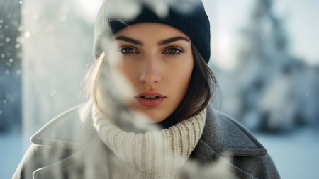 beautiful young woman in winter clothes looking at camera through frozen windowの素材