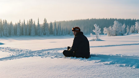 Man sitting on snow in winter forest at sunset. Winter landscape.の素材
