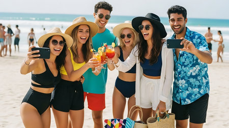 Group of friends in swimsuits taking selfie on smartphone while standing on beachの素材