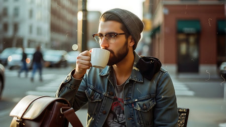Handsome young hipster man with a beard in a hat, jacket and glasses drinks coffee in the city.の素材