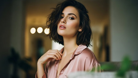 Portrait of a beautiful young woman in a pajama.の素材