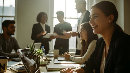 Group of business people working and communicating together in office. Teamwork conceptの素材