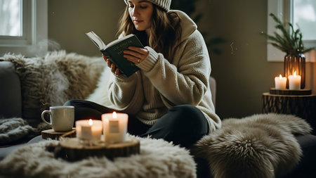 Young woman reading a book while sitting on the couch at home.の素材