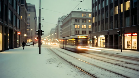 City street in winter. Blurred image of the city during a snowfall.の素材
