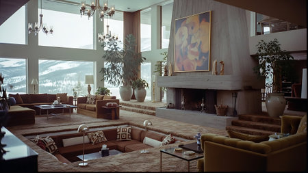 Interior of modern living room with sofa, armchair and fireplaceの素材