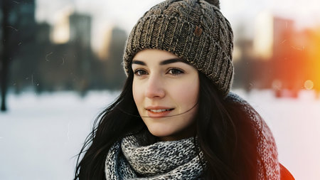 Portrait of a beautiful young brunette girl in a knitted hat and scarf on a background of a winter parkの素材