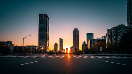 High-rise buildings in the city at sunset, Moscow, Russiaの素材