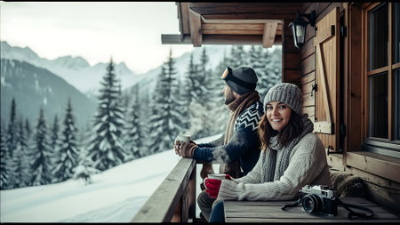 Beautiful young woman and man enjoying the view of the mountains in winterの素材