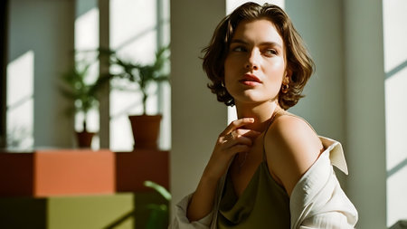 beautiful young woman in beige blouse looking at camera near windowの素材