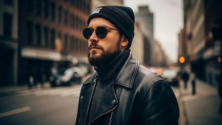 Handsome bearded man in a black leather jacket and hat in the cityの素材
