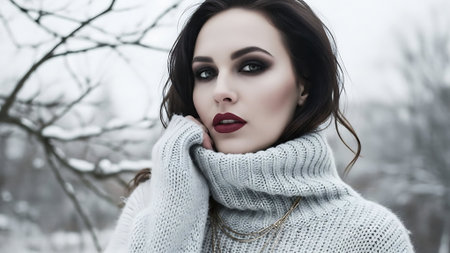 Portrait of a beautiful young brunette woman in a white knitted sweater and scarf.の素材