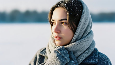 Portrait of a beautiful young woman on a background of winter landscapeの素材