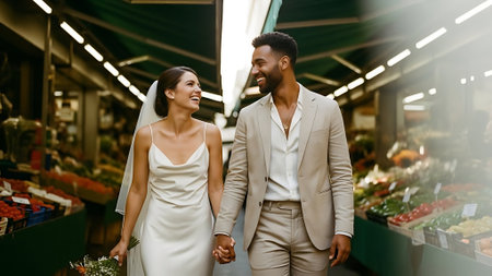 Wedding couple holding hands while walking in the supermarket, copy spaceの素材