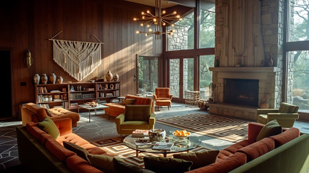 Interior of a luxury living room with fireplace and armchairs.の素材