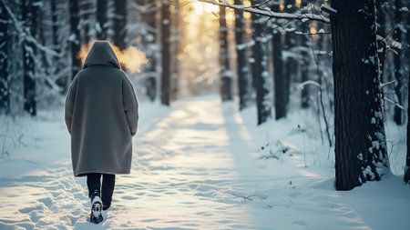 A girl in a winter coat walks through the snowy forest at sunset.の素材