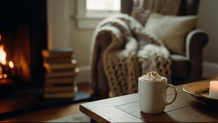 Cup of hot cocoa with marshmallow on wooden table in cozy living roomの素材