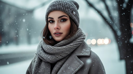 Winter portrait of a beautiful young woman in a gray coat and hat.の素材