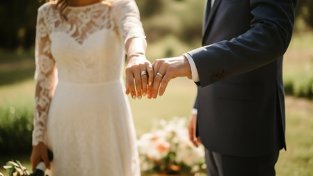 Wedding couple holding hands in the park, close-upの素材