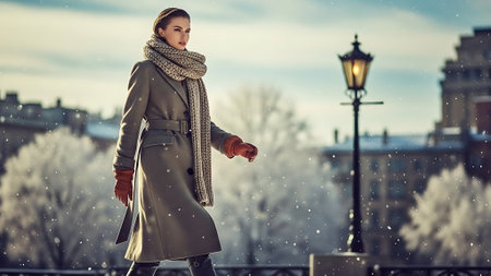 Attractive young woman in winter coat and scarf walking in the cityの素材