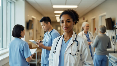 african american female doctor with stethoscope at hospital corridorの素材