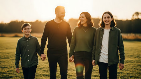 Happy family walking in the park at sunset. Mother, father, son and daughter.の素材