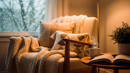 Cozy living room interior with armchair, coffee cup and knitted plaidの素材