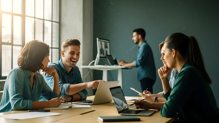 Young business people working together in modern office. Group of business people working together in creative office.の素材