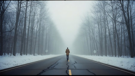 Man walking on the road in winter forest with fog. 3D renderingの素材