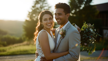 Happy bride and groom on their wedding day. Bridegroom with a bouquet of flowers.の素材