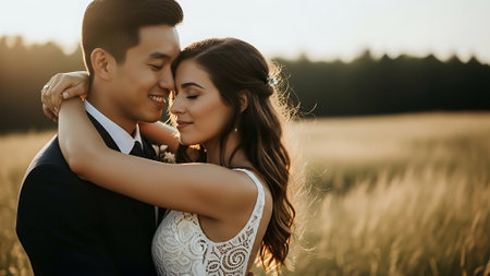 Wedding couple in love hugging and kissing in the field at sunsetの素材