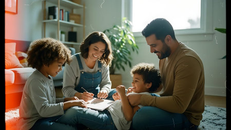 happy young family with two children writing in notebook and smiling at homeの素材