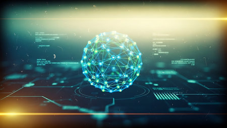 Abstract polygonal sphere on dark background. Artificial intelligence concept. 3D Renderingの素材