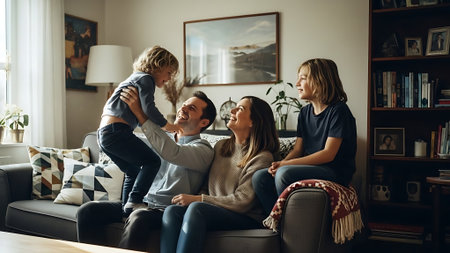 Happy family sitting on sofa in living room. Mother, father and children having fun together.の素材
