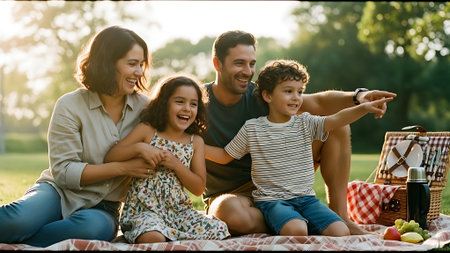 Happy family having picnic in the park. Mother, father and their children having fun together.の素材
