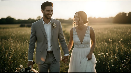 Wedding couple holding hands and walking in the field at sunsetの素材