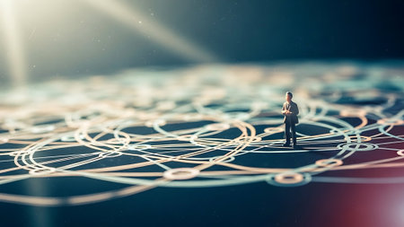 Miniature businessman standing on network connection background. Network concept. 3D Renderingの素材