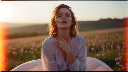 Beautiful young woman sitting on a beanbag in a field at sunsetの素材