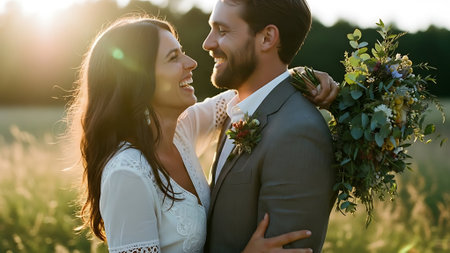 Beautiful bride and groom in the field at sunset. Wedding coupleの素材