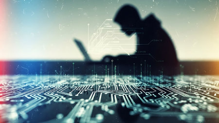 Silhouette of hacker stealing data from a computer. 3D renderingの素材