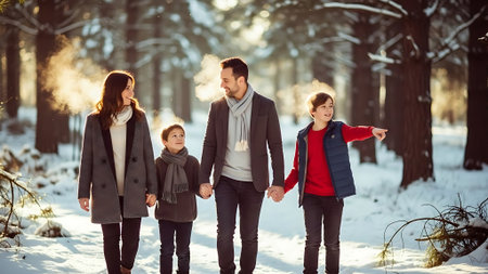 Happy family walking in the winter forest. Mother, father and children.の素材
