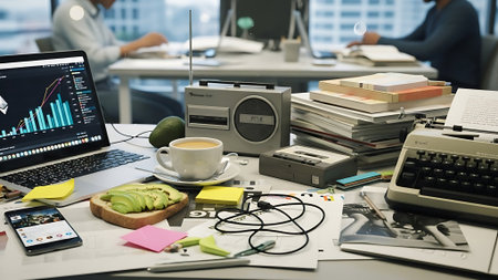 Businessman working in modern office with laptop, tablet pc, mobile phone and coffee cupの素材
