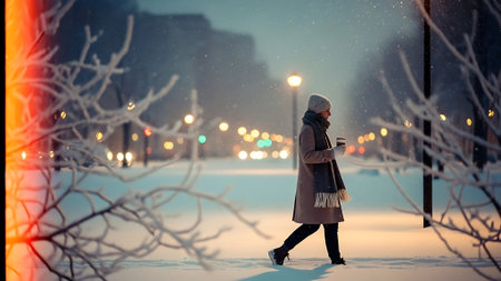 Beautiful young woman walking in the winter city at night and drinking coffeeの素材