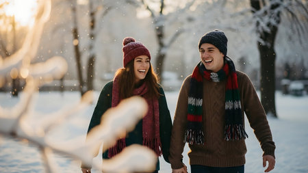 Portrait of a young couple in love walking in the park in winterの素材