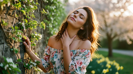 Beautiful young woman in a blooming spring garden. Soft selective focus.の素材