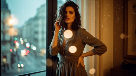 Beautiful young woman standing in front of a window at night.の素材