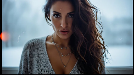 Portrait of a beautiful brunette woman in a gray sweater.の素材