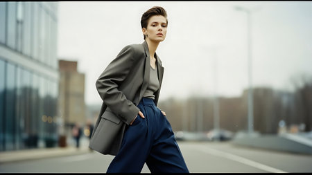 Fashionable young woman in a business suit on the street.の素材